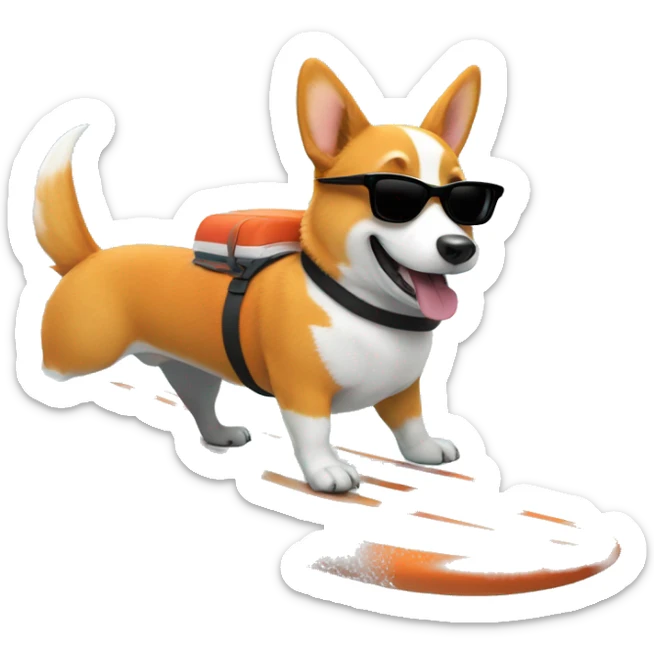 Orange corgi with sunglasses in a shark costume riding a surfboard with ocean waves sticker