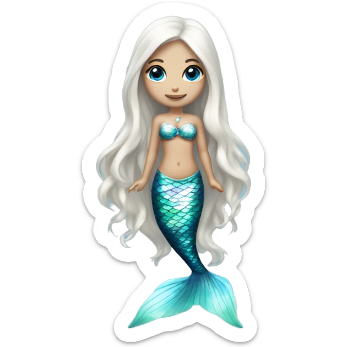 Iridescent silver mermaid tail full body blue eyes almond skin girl long white hair sticker