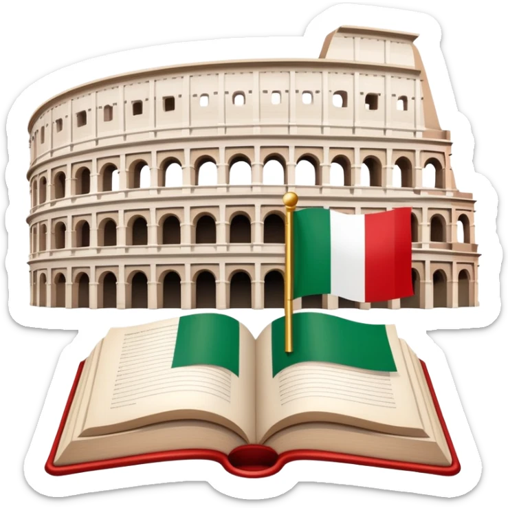 An icon featuring the Colosseum and the flag of Italy, symbolizing the Italian language. The design includes an open book with Italian phrases and a gondola, representing language learning and cultural exploration. Transparent background sticker