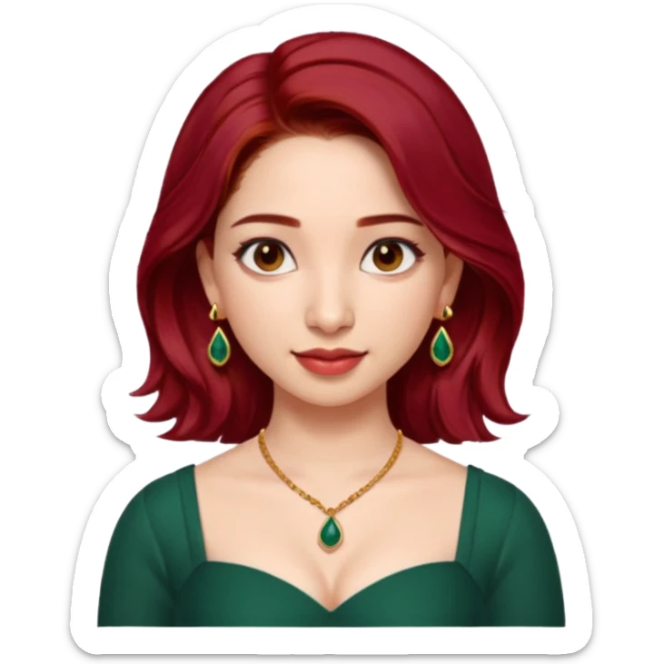 pretty bratz genmoji that looks like tamannah bhatia (bollywood actress), wearing a dark green sweetheart neckline top, dark red hair, light makeup, no necklace, dangly earrings, side hair part, dark brown eyes,  sticker