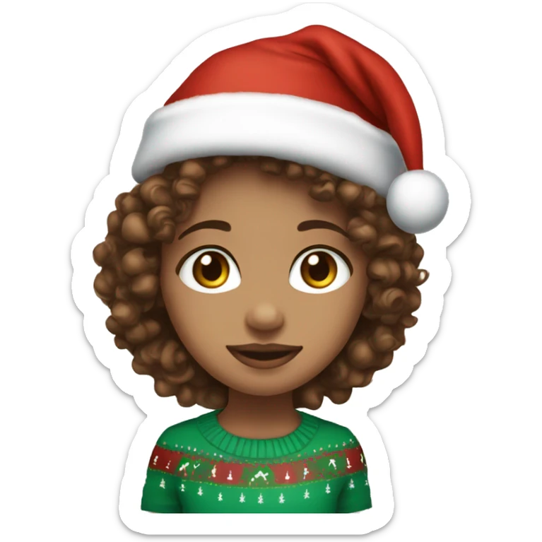 Light skin blue eyes Curly brown hair girl wearing Christmas hat sticker