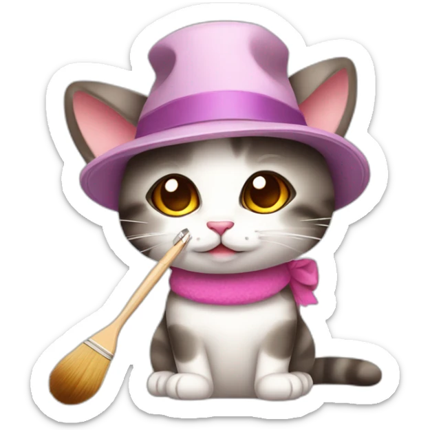 Kawaii cat artist in hat with palette and brush so it can be used as a mouse cursor sticker