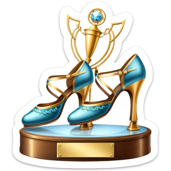Icon for Ballroom Dancing: a pair of ballroom shoes, a dance floor with lighting, and a decorative dance trophy. The icon should represent the elegance and rhythm of ballroom dance through its key symbols. Transparent background. sticker