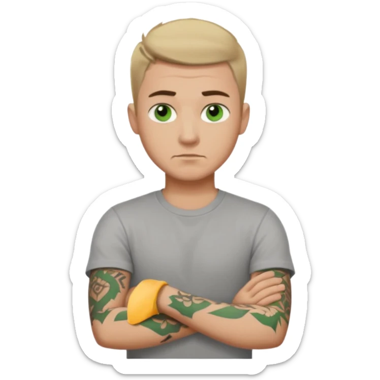 White young man with short dark taper fade hair cut and slight goatee and neutral expression with his arms folded. Green eyes and arm tattoos sticker
