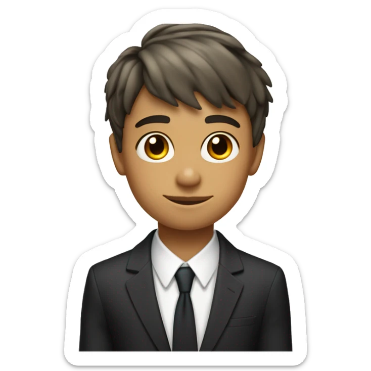 a 12 year old with a few freckles and a low taper fringe haircut and is white but 26% tanned and wearing a suit  sticker