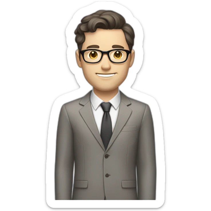 Full height Pale skinned Fit Man With dark brown hair in classic gray suit, beige office shirt, dark gray tie, and vintage glasses. His hands lock sticker
