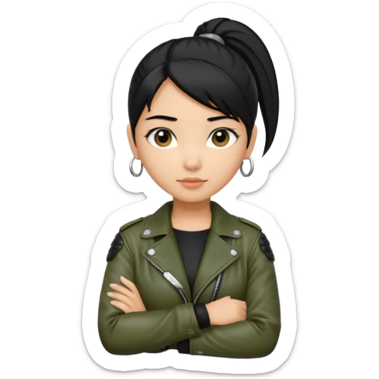 A girl with a pony tail black hair and olive ish skin, Asian eyes, with a black jacket and a black purse with arms crossed  sticker