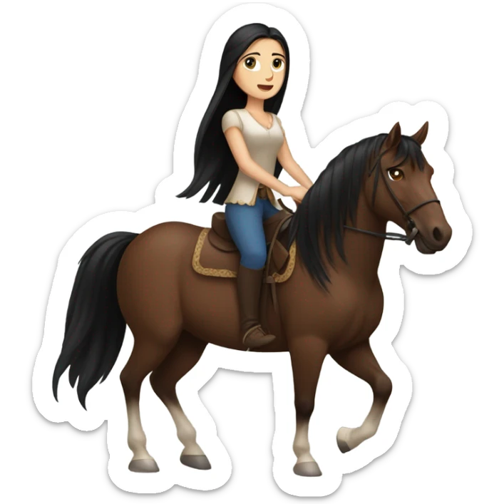 brunette with blue eyes and long black straight hair riding big brown horse  sticker