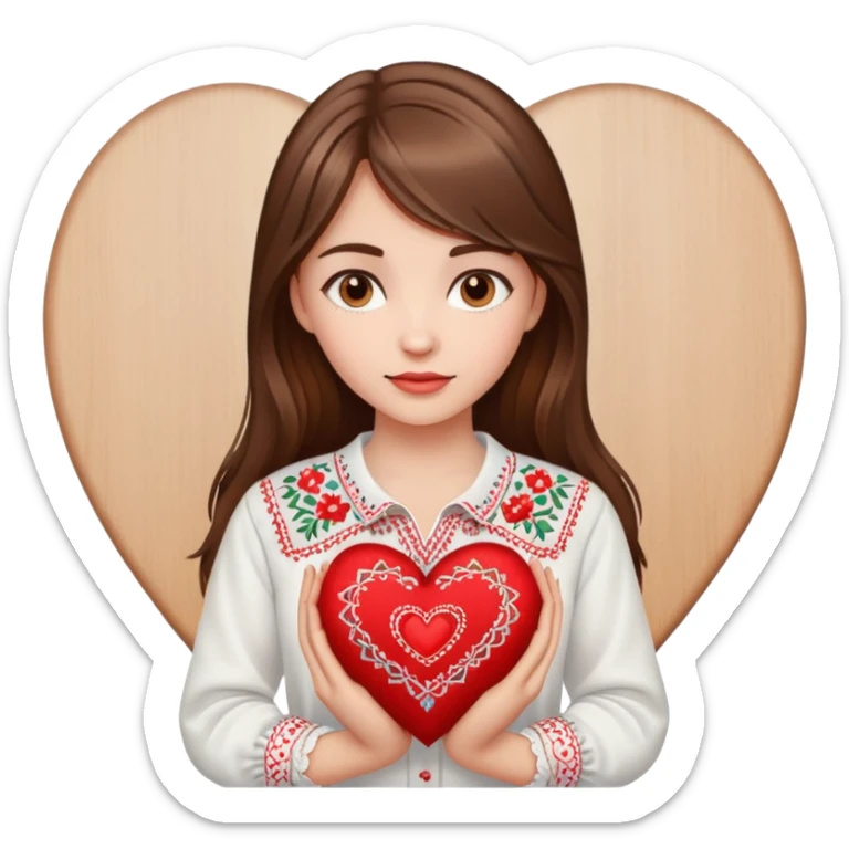 Beautiful young girl with brown hair in a white Ukrainian embroidered shirt holding a large embroidered heart sticker