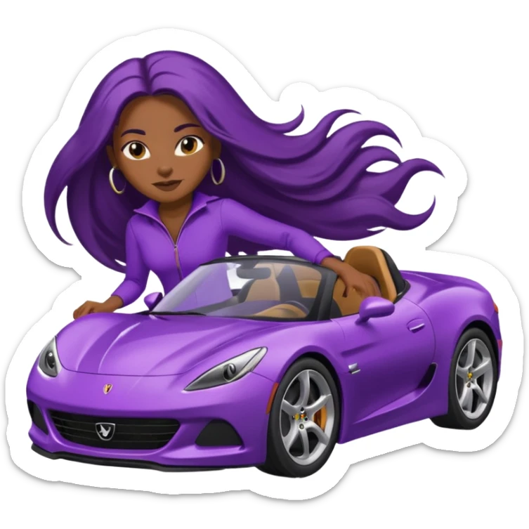 Black woman with long hair riding in a purple sports car sticker