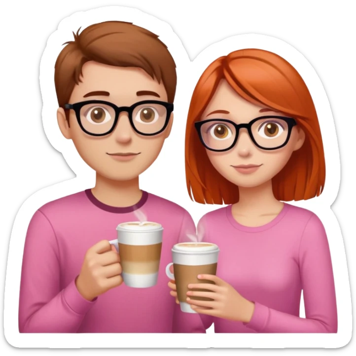 girl with brown hair and hazel eyes drinking latte, hair just below shoulder length and wearing a pink shirt. She is with her with her boyfriend who has orange/red hair, black glasses, and is taller than her. He needs a book in his hand  sticker