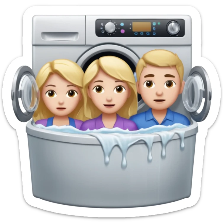 Eine Frau mit dem in der Waschmaschine feststeckt und zwei Männer die hinten an ihr ziehen um ihr zu helfen  sticker