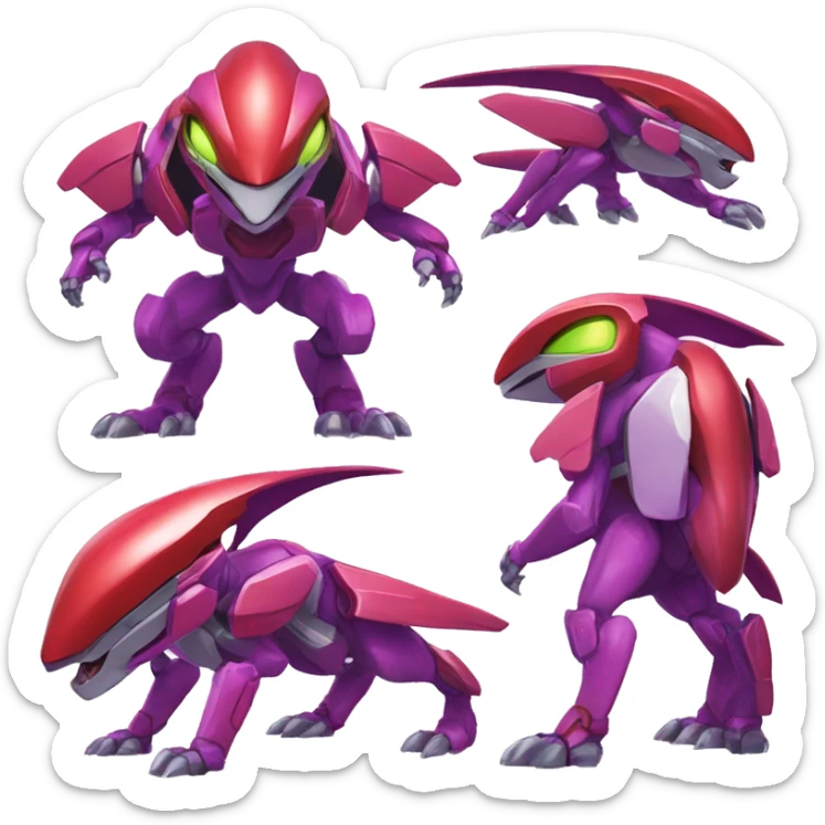 a shiny purple-red Genesect-Raptor-Fakémon—hybrid with a futuristic visor-helmet full body sticker