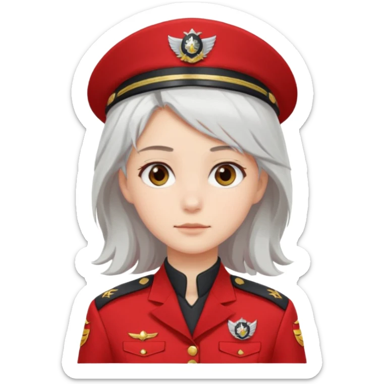 a girl with white loose hair, gray eyes maintains a calm expression on her face in a red captain's uniform to the waist sticker