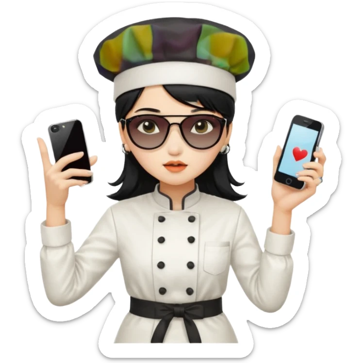 ["A sad woman with light skin, straight hair, wearing a chef hat and sunglasses, dressed in K-pop fashion, is dancing while holding a phone."] sticker