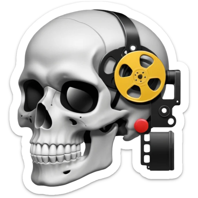 Minimalist emoji-style sticker of a human skull in profile, with a film reel replacing the brain. Grayscale icon with bold silhouette.
 sticker