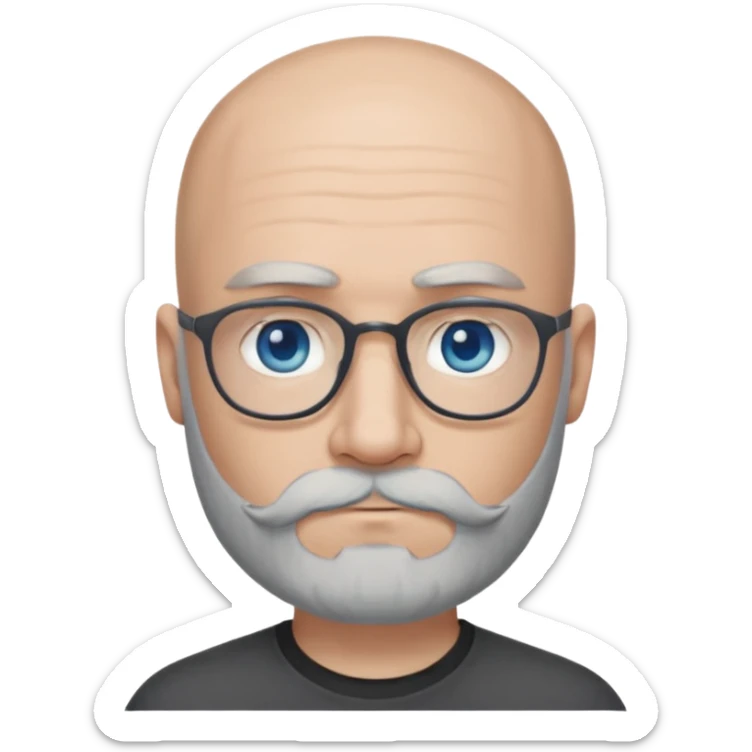 Bald man with blue eyes grey beard and moustache. Hipster. No glasses. Black T-shirt  sticker