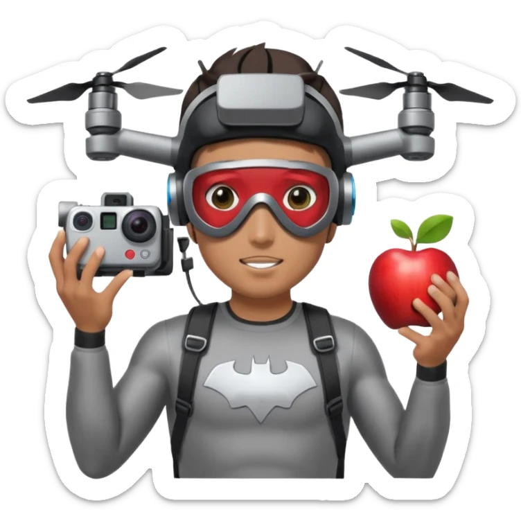 Super hero photographe, gopro sur la tête, masque ce fpv  (style Apple vision) sur les yeux. Un drone à côté de lui. Il tiens un appareil photo reflex. sticker