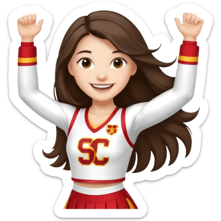 skinny white happy long haired brunette girl in a white USC cheerleader outfit sticker