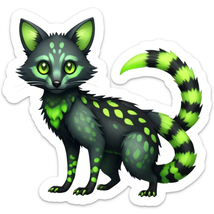 Rare realistic black edgy toxic radioactive-themed black fur with neon-lime-green-glowing  epic handsome gorgeous aesthetic vibrant Vernid-Trico-Genet-species-hybrid-Fakemon-creature by LiLaiRa, 4 legs, 1 tail, random markings, (full body) sticker