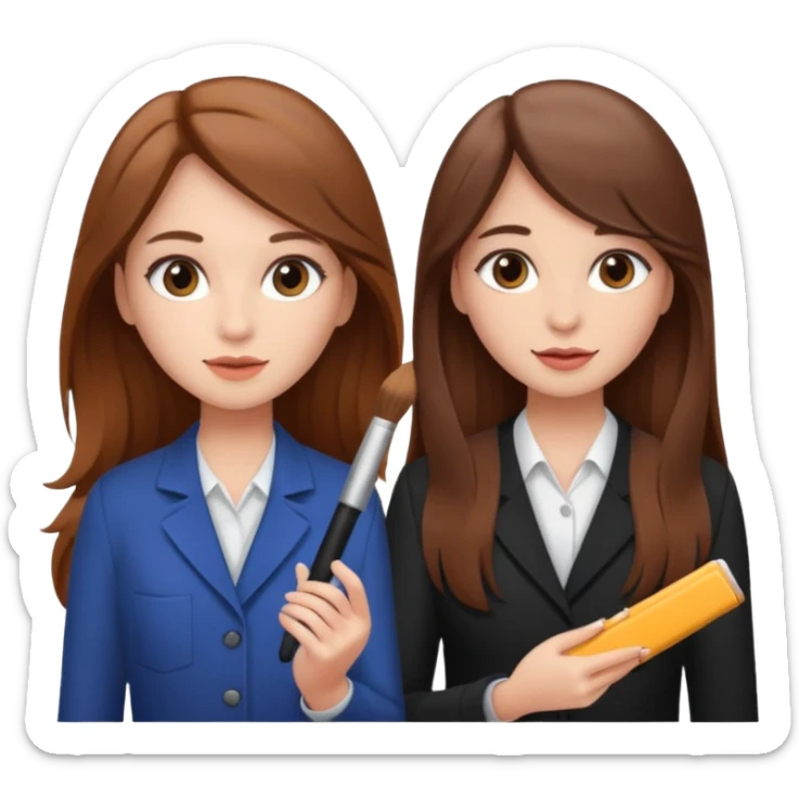 TWO BROWN HAIRED GIRLS DOING PROJECT ON JOB, PROFESSIONAL AND CUTE , LONG HAIR MAKEUP sticker