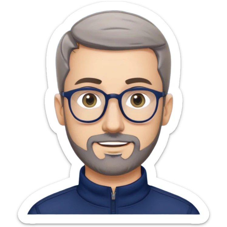 Caucasian man with oval face, hair cut extremely short and tight to head (military style), short beard with gray streaks, large black eyeglasses, cheerful expression, wide body type, navy blue long sleeve sweatshirt with quarter zip sticker