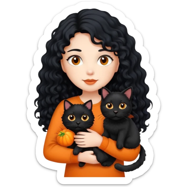 A girl with long black hair is holding a black cat, an orange cat and a curly-haired dog sticker