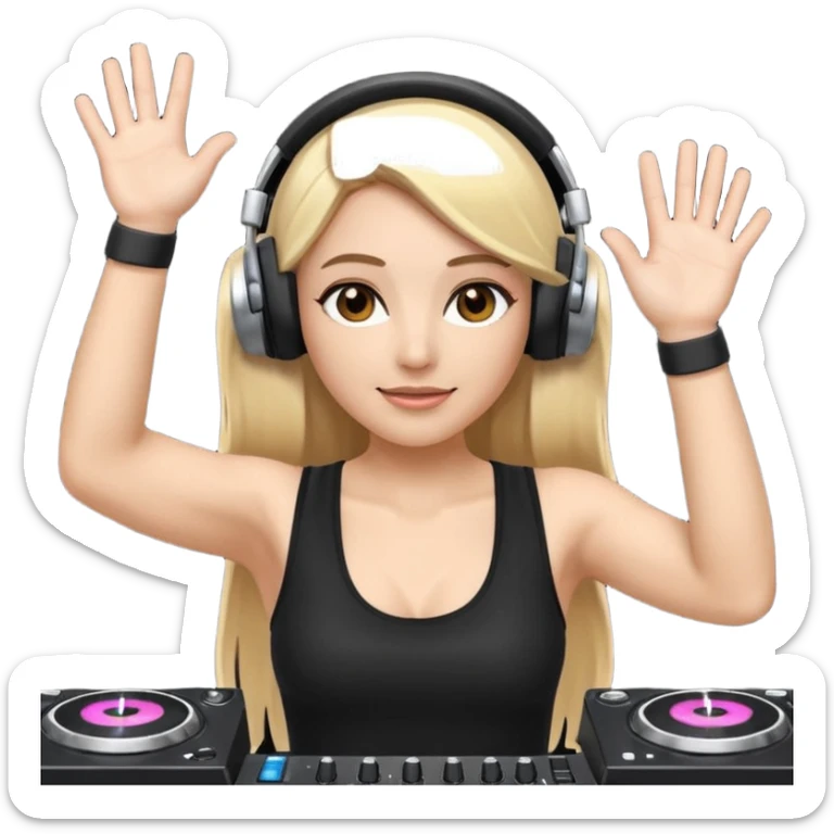 I want a white female dj animated gif emoji with long straight centre parting blonde hair, brown eye brows and putting hands up in the air. Wearing a black tight top with no sleeve. Also wearing DJ headphones  sticker