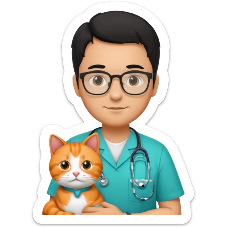 Veterinario hombre trigueño con lentes, con cabello negro, y con uniforme veterinario color verde turquesa y estetoscopio  cargando un gato naranja sticker