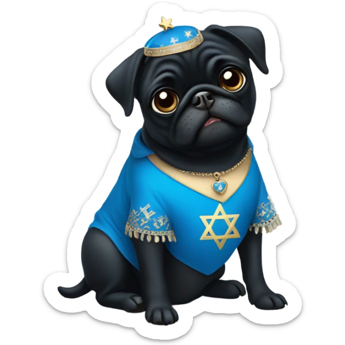 Black pug in a blue dress with a Jewish star on the dress sticker