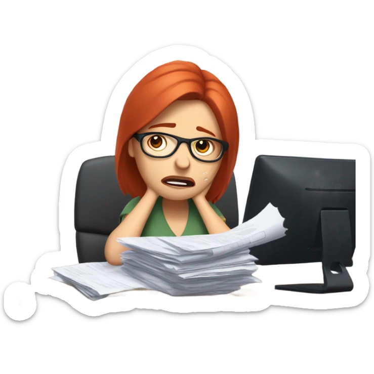 red hair woman wearing glasses crying frustrated desk monitor stack paper sticker