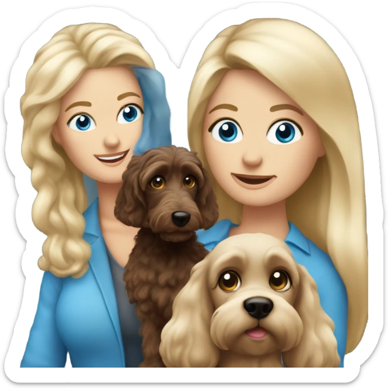 62 year Old blue eyed blonde lady with long straight hair with dark brown Cockapoo puppy dog sticker