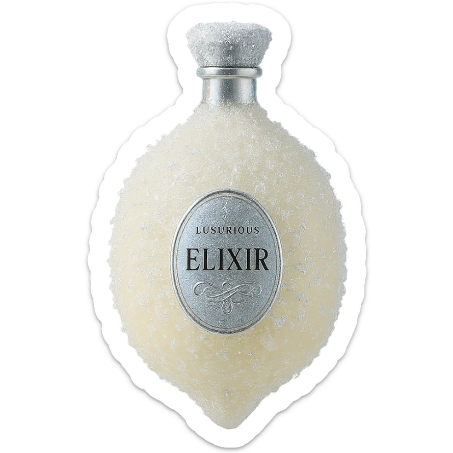 prabangus eliksyro buteliukas, šaldytos citrinos forma, šviesiai geltona, dar daugiau šerkšno ir žėrinčių efektų, sidabrinės ir holografinės detalės, labai mažas kaklelis, vientisas dugnas, buteliukas plūduriuoja ore, be pagrindo ar šešėlio, modernus, kolekcijai tinkamas, skaidrus fonas sticker