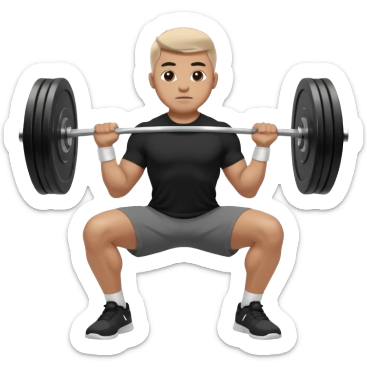 Hombre vestido con playera negra, pants gris y tenis blancos tipo jordan haciendo sentadilla libre con barra con un disco de 20 kilos por lado  sticker