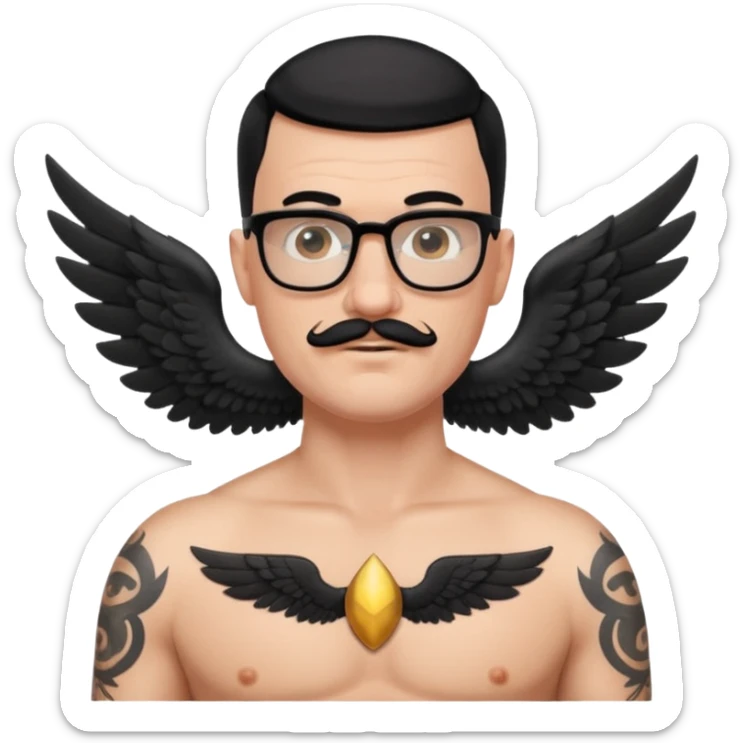 pumped up white male, glasses, buzz cut black hair, handlebar mustache black, two wings tattooed on his chest sticker