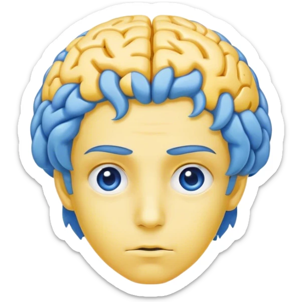 Adult person face emoji with yellow skin and a blue brain for hair sticker