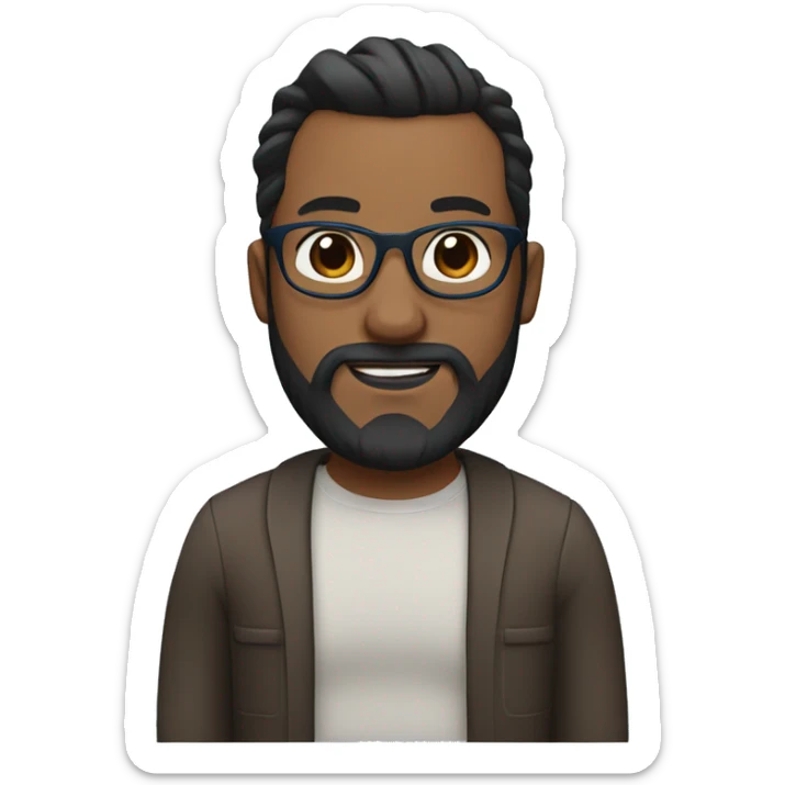 high Man bun with dark brown hair. Full beard, blue glasses, brown eyes. Blue glasses. Head is narrower above the cheeks sticker