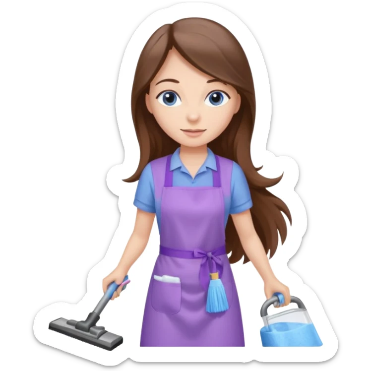 beautiful girl with long brown hair, blue eyes and wearing light purple clothes, cleaning and vacuuming sticker
