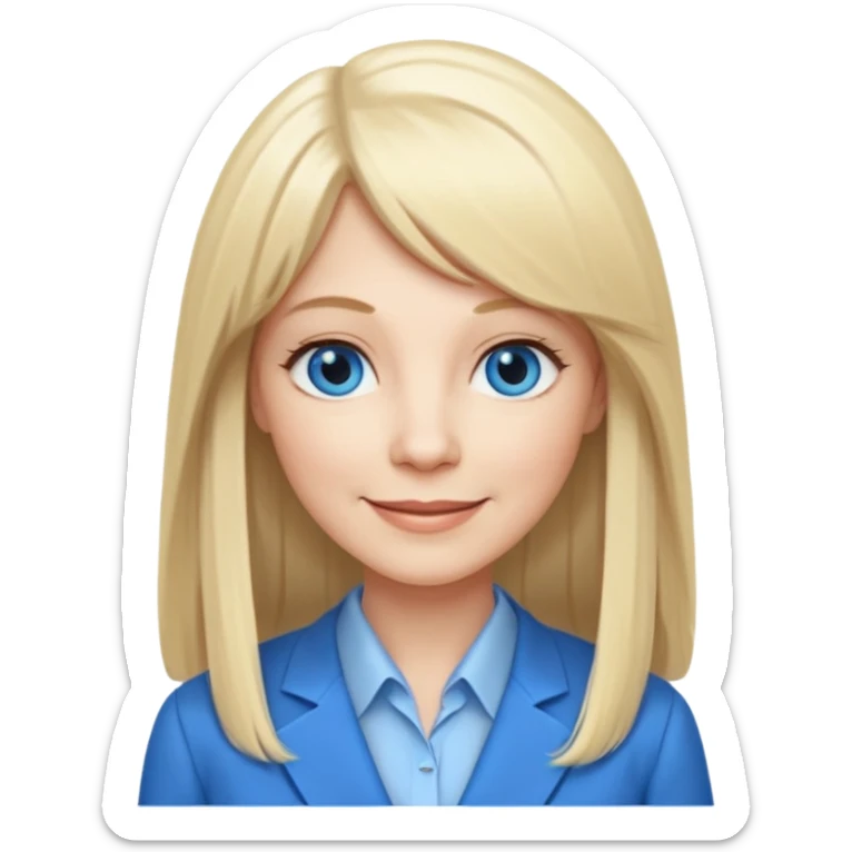 450 yr old white woman, pale skin, long straight blond hair parted in center, blue eyes, bangs, clothes for office sticker