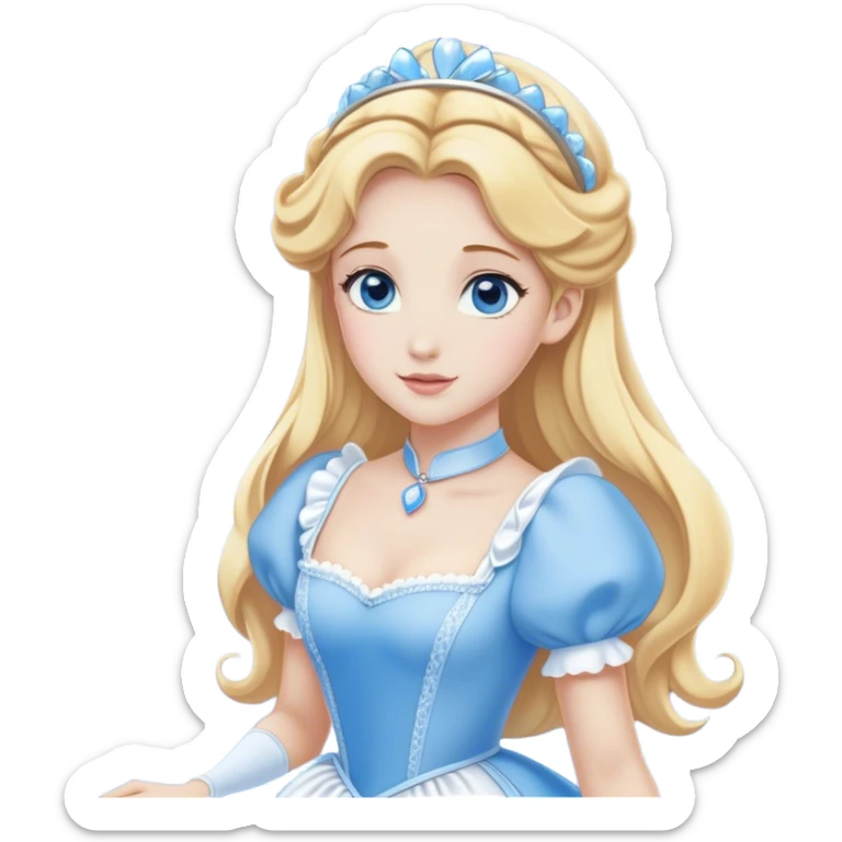 Cinematic Elegant Cinderella Portrait Emoji, Graceful and poised in her classic maid attire, golden locks cascading softly, bright blue eyes full of hope, a gentle glow of kindness and determination, delicate and humble yet undeniably beautiful, evoking the moment before her magical transformation, pure enchantment in her gaze! sticker