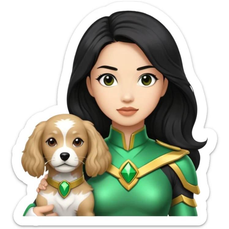 female green power ranger with wasian features, long black hair, and a fully light brown cockapoo dog at her side sticker