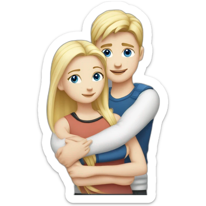 blond white girl with blue eyes hug white boy with black hair with pony-tail sticker