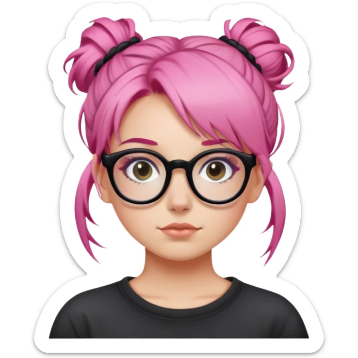 Girl with pink hair in a messy bun and black glasses sticker