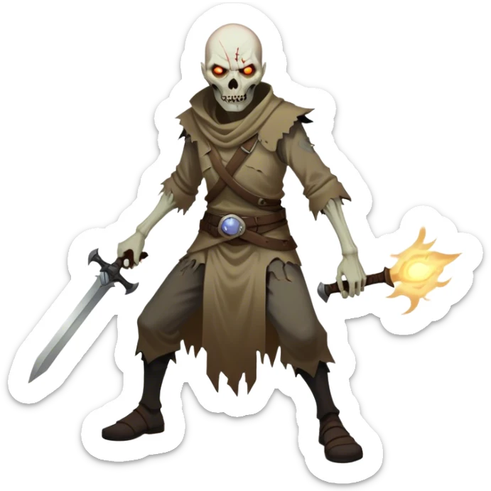 Cinematic Realistic WoW undead civilian Portrait, captured in a fierce, battle-ready stance, muscles taut beneath his tattered, earth-toned attire. His decayed, pallid skin and glowing eyes are rendered with intense lifelike detail and dynamic lighting, high shine, embodying the raw, relentless fury of an undead civilian in the heat of combat. sticker