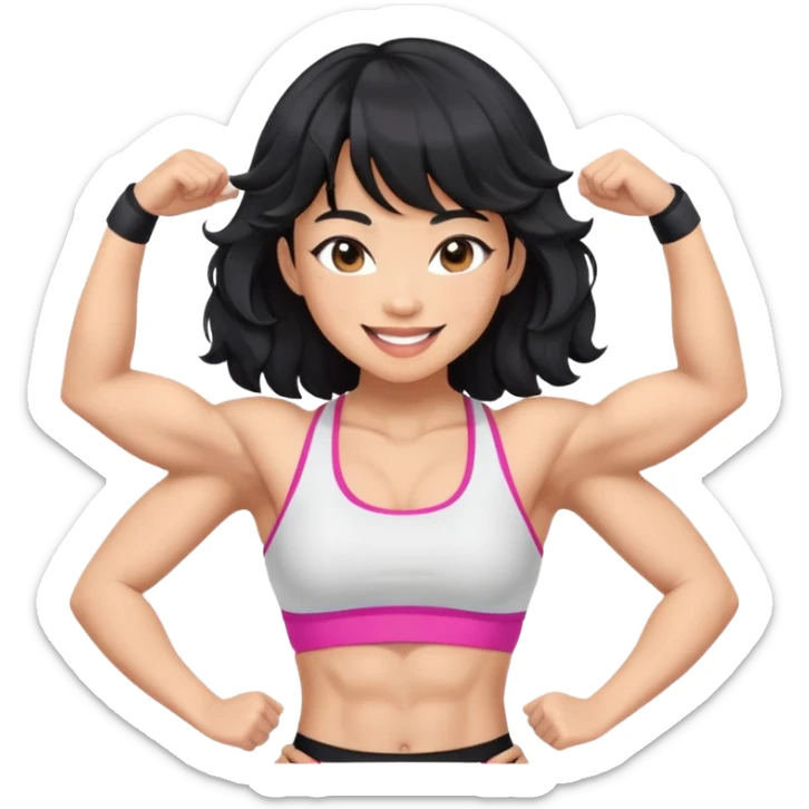 Asian women with muscle on arms and abs. Black hair, wavy, bangs, light skin, flirty smiles, sports bra sticker