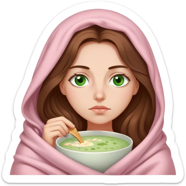 woman with very long brown hair and green eyes in a light pink blanket sleepy with porridge sticker