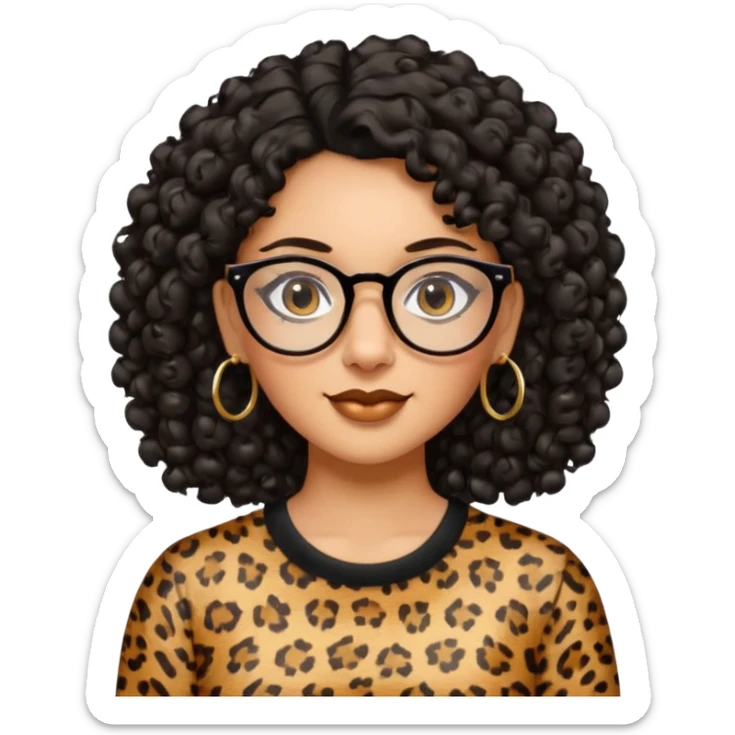 A women who wears glasses with a black curly hair, in a leopard print shirt, hoop earrings   sticker