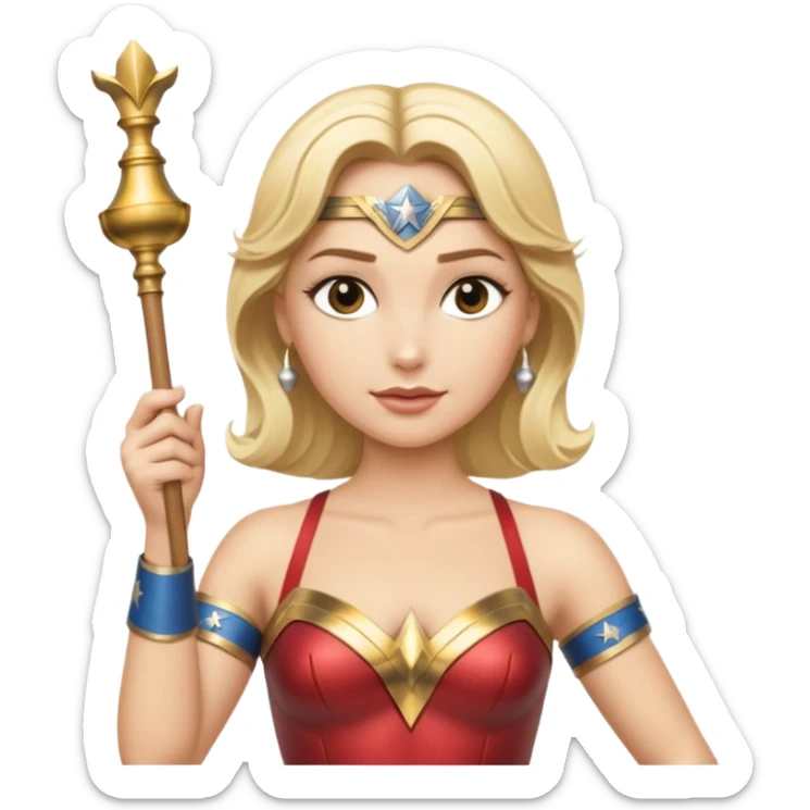 Blonde Wonder Woman holding short white orchestra conductor’s baton and bell sticker
