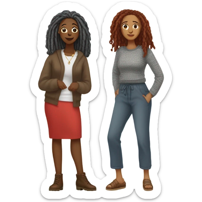 One woman with gray locs wearing pants , other woman is brown with red locs in a knee-length dress with a cozy sweater, shopping in yardsale sticker