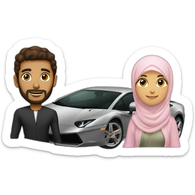 brown guy driving a lambo and next to him his hijabi wife sticker
